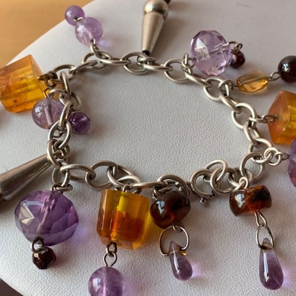 VINTAGE CHARM BRACELET HEART AMETHYST AMBER GARNET 925 STERLING SILVER UNIQUE - Picture 10 of 16